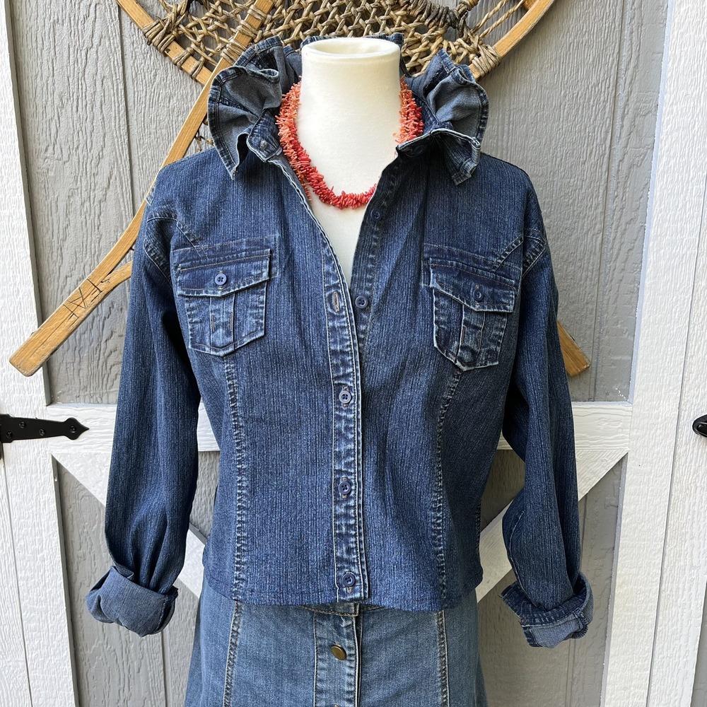 Upcycled Lee Riders Stretch Denim Cropped Ruffle Collar Cowgirl Shacket Shirt L